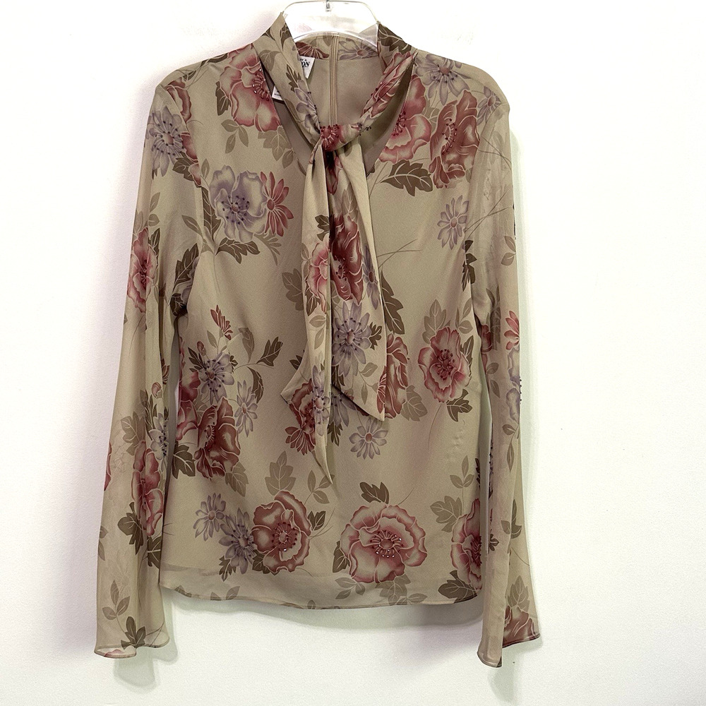 Pendleton Silk Blouse 14 Petite Beaded Tie Neckline Lined Long Sleeve Rose FLAW